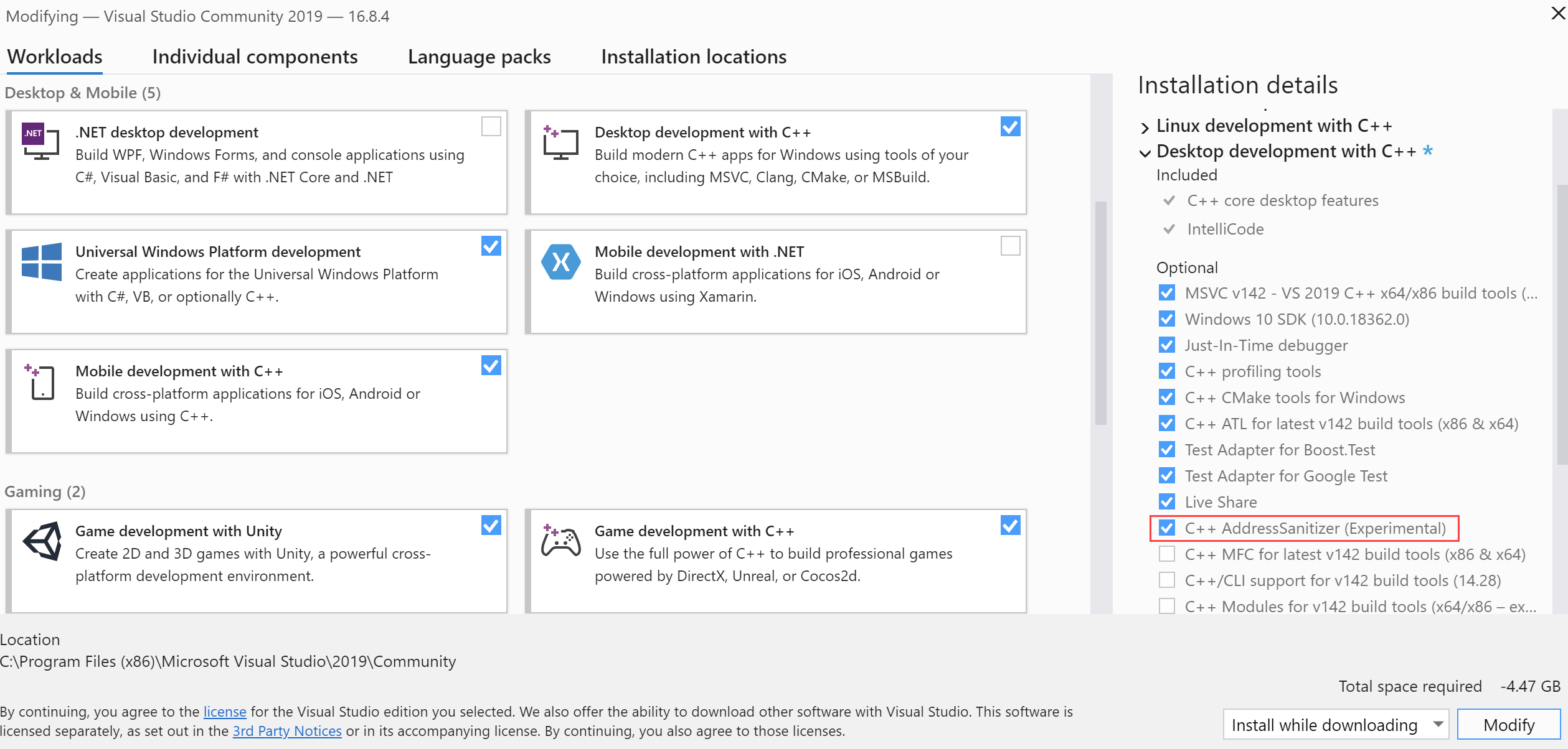 Selecting AddressSanitizer in Visual Studio Installer Selecting AddressSanitizer in Visual Studio Installer
