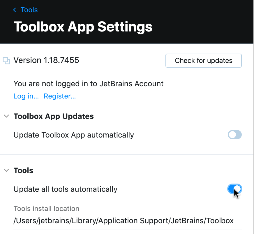 Toolbox App:自动更新所有工具的选项 Toolbox App:自动更新所有工具的选项