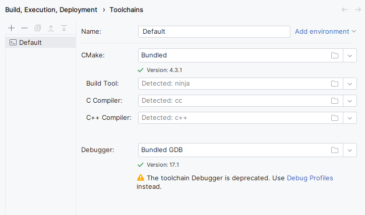 CLion Toolchains settings with a notice that the toolchain Debugger field is deprecated in favor of Debug Profiles. CLion Toolchains settings with a notice that the toolchain Debugger field is deprecated in favor of Debug Profiles.