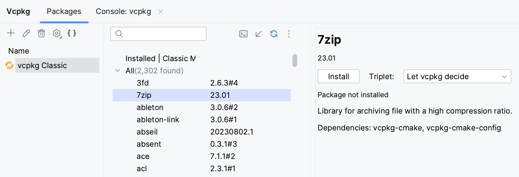 Vcpkg tool window Vcpkg tool window