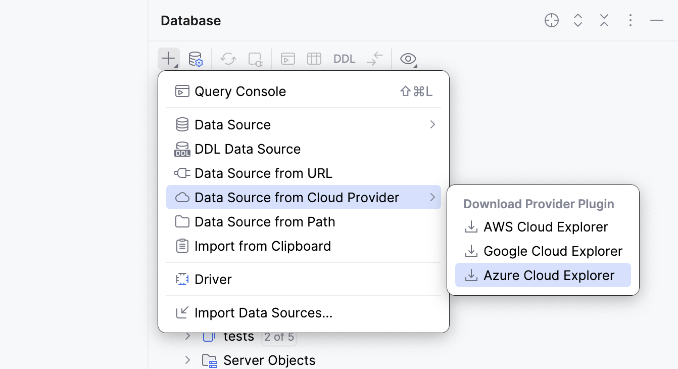 在数据库工具窗口中选择要下载的 Azure 云提供商插件 在数据库工具窗口中选择要下载的 Azure 云提供商插件