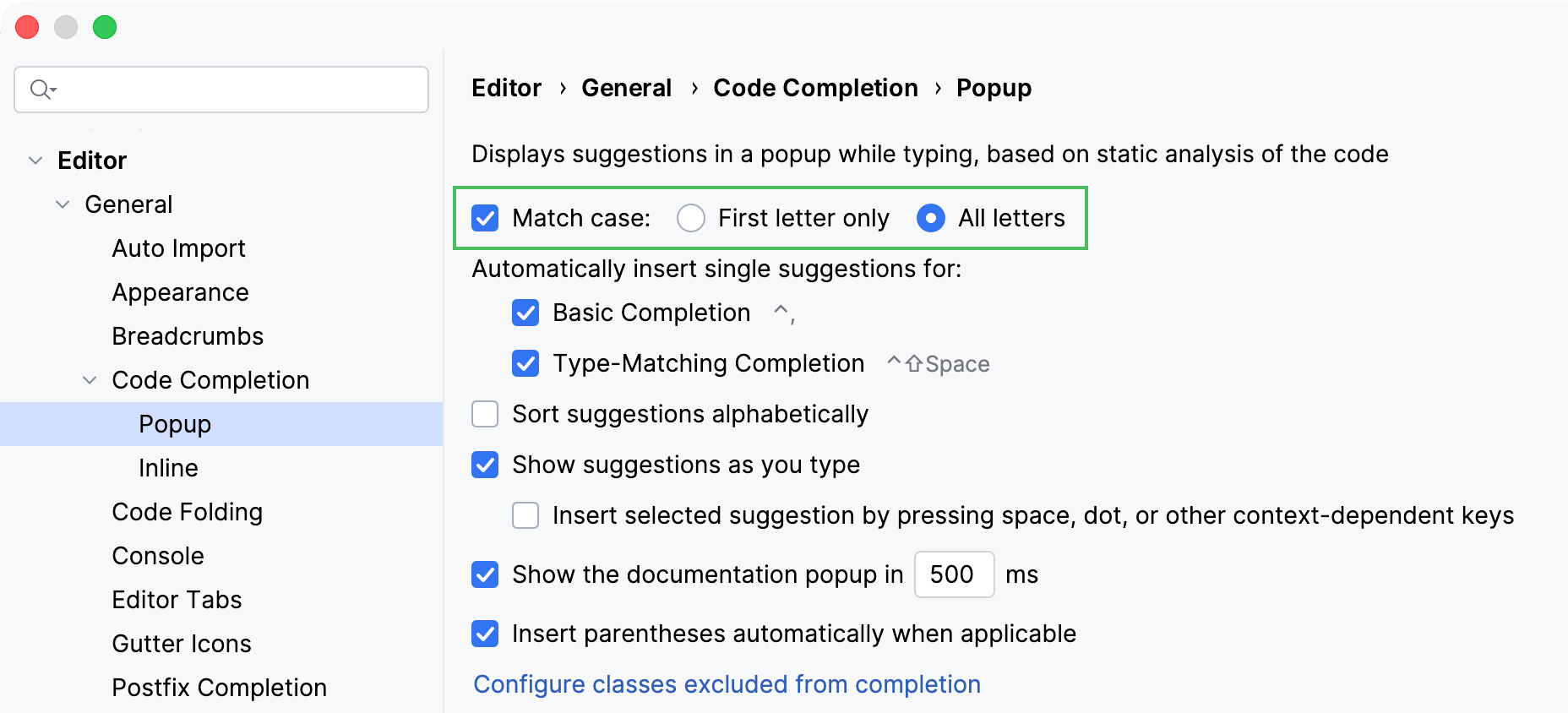 Code Completion settings Code Completion settings
