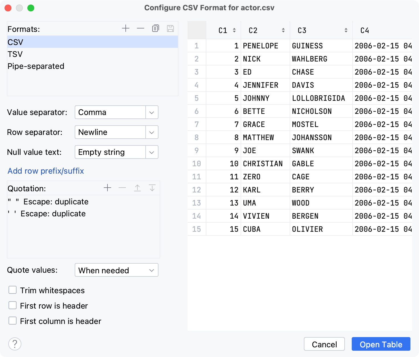 为 <file_name> 配置 CSV 格式对话框 为 <file_name> 配置 CSV 格式对话框