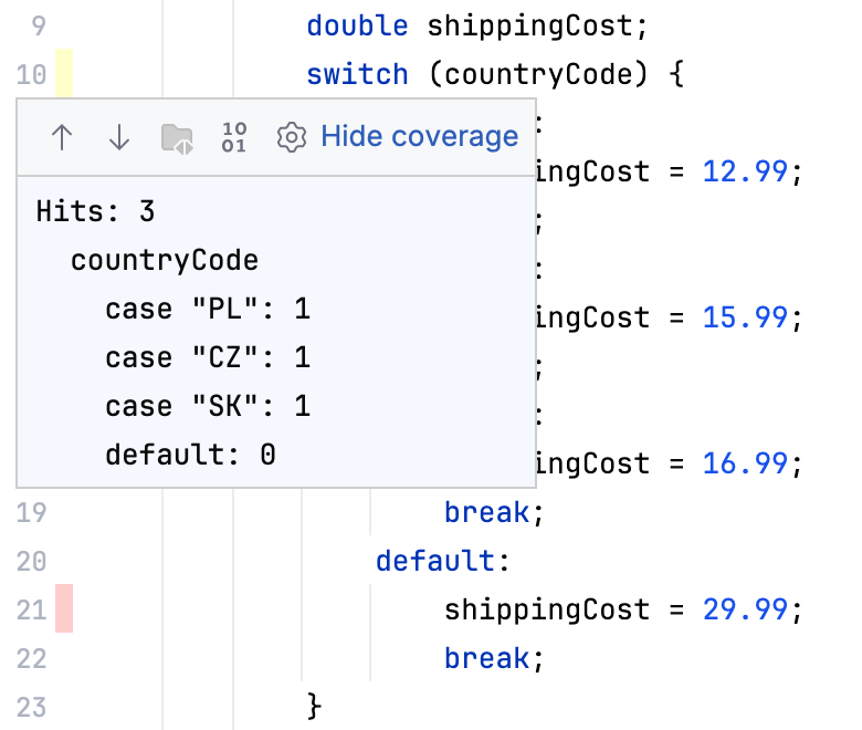 Code coverage popup for a switch statement ran with IntelliJ IDEA runner Code coverage popup for a switch statement ran with IntelliJ IDEA runner