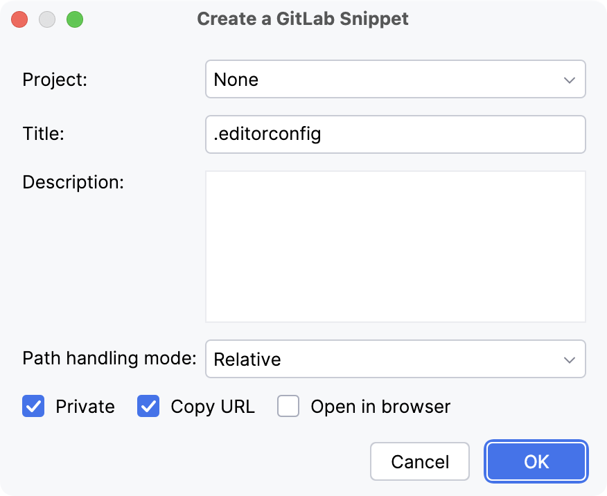 一个包含创建 GitLab snippet 选项列表的对话框 一个包含创建 GitLab snippet 选项列表的对话框