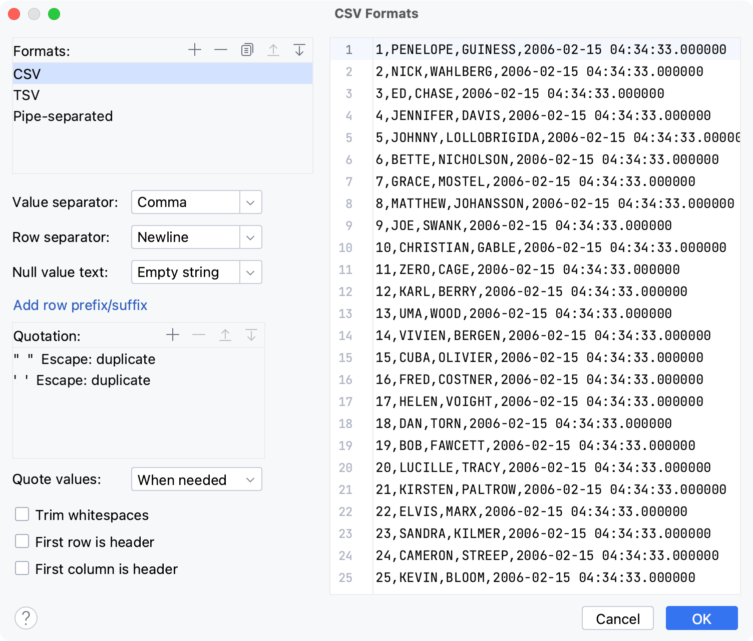 CSV 格式对话框 CSV 格式对话框