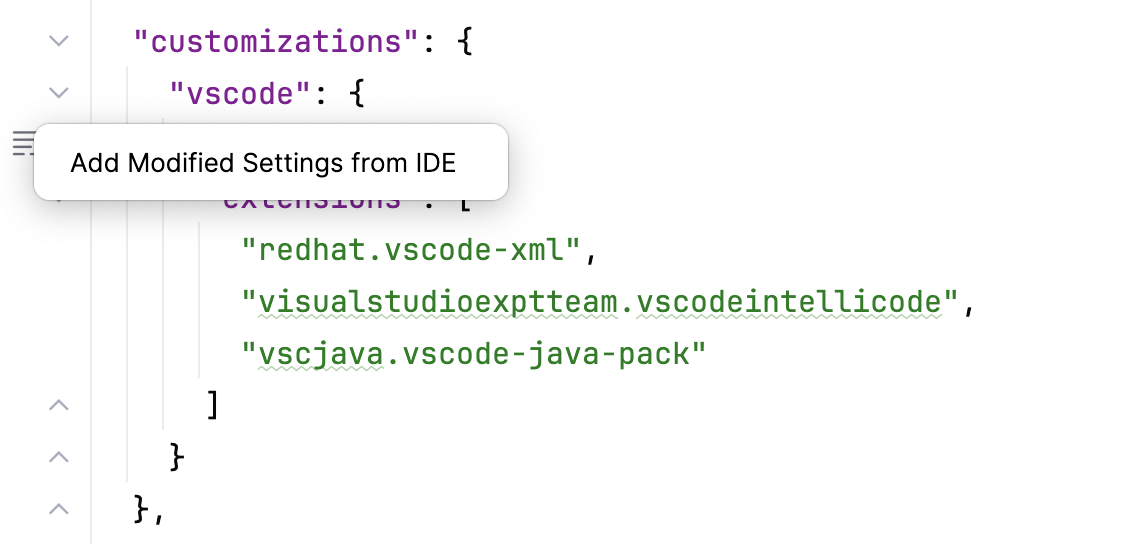 JSON file customizations section JSON file customizations section