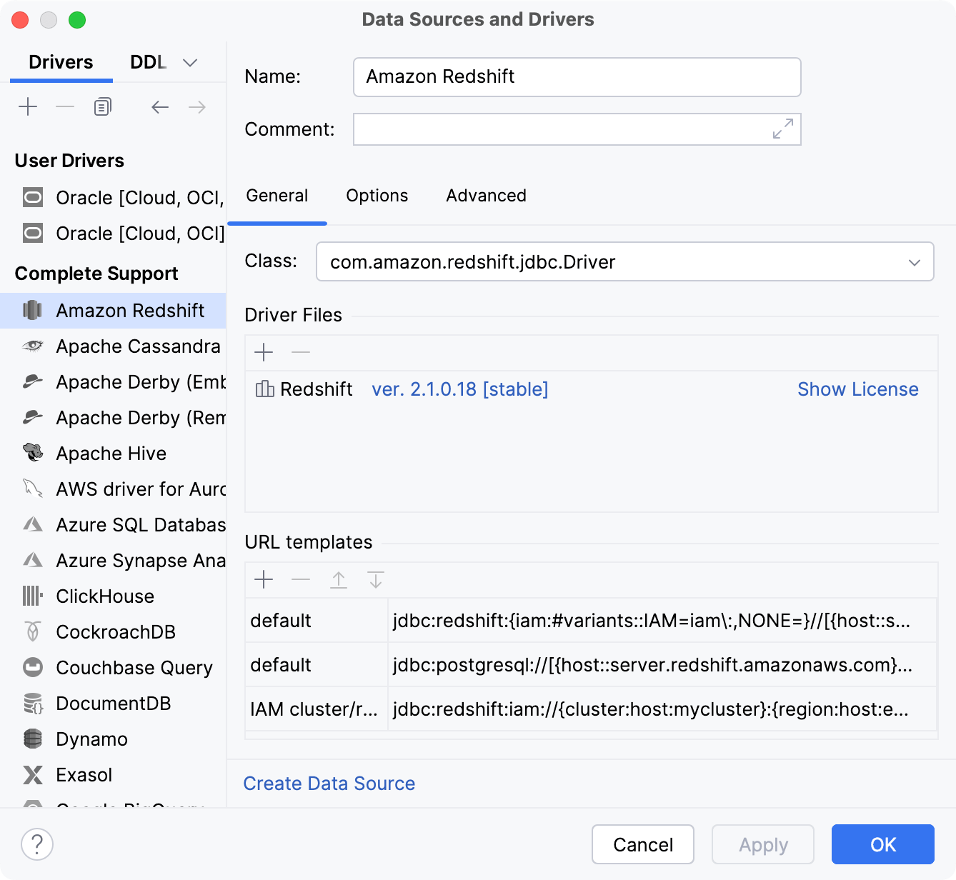 Data Source and Drivers dialog: General tab of Drivers settings Data Source and Drivers dialog: General tab of Drivers settings