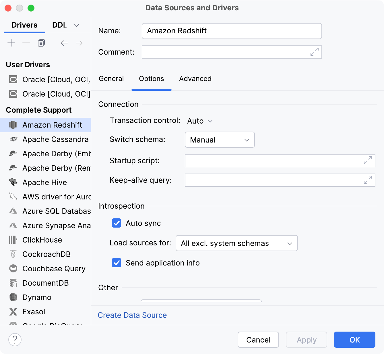 Data Source and Drivers dialog: Options tab of Drivers settings Data Source and Drivers dialog: Options tab of Drivers settings