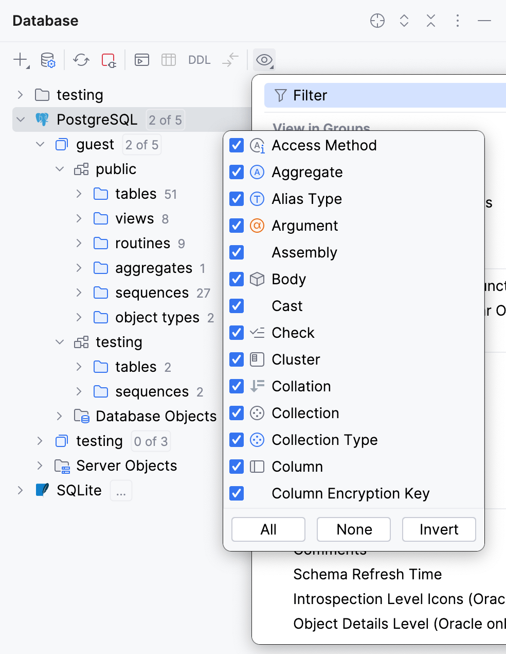All items are selected to view in Database tool window All items are selected to view in Database tool window