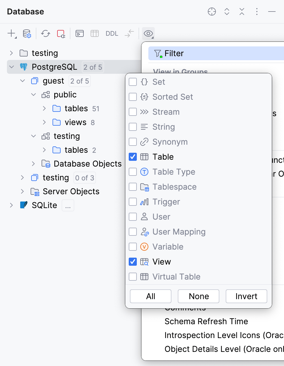 Only views and tables are selected to view in Database tool window Only views and tables are selected to view in Database tool window