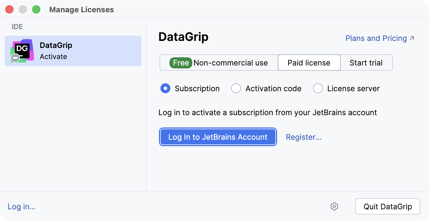 DataGrip: Licenses dialog