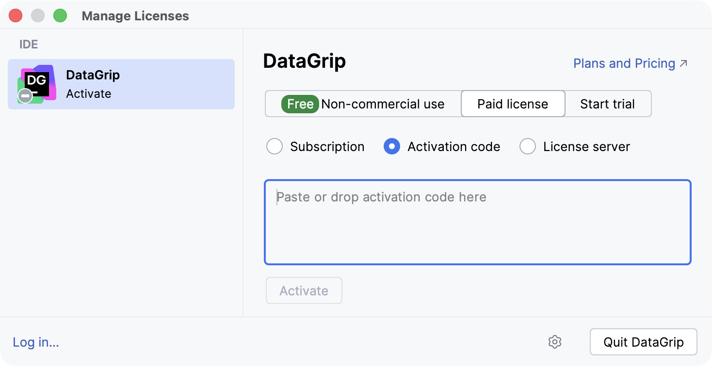 Activate DataGrip license with an activation code