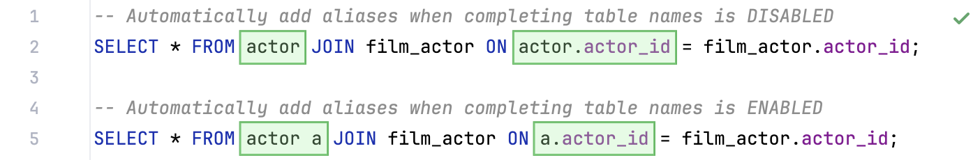 Automatically add aliases when completing table names Automatically add aliases when completing table names