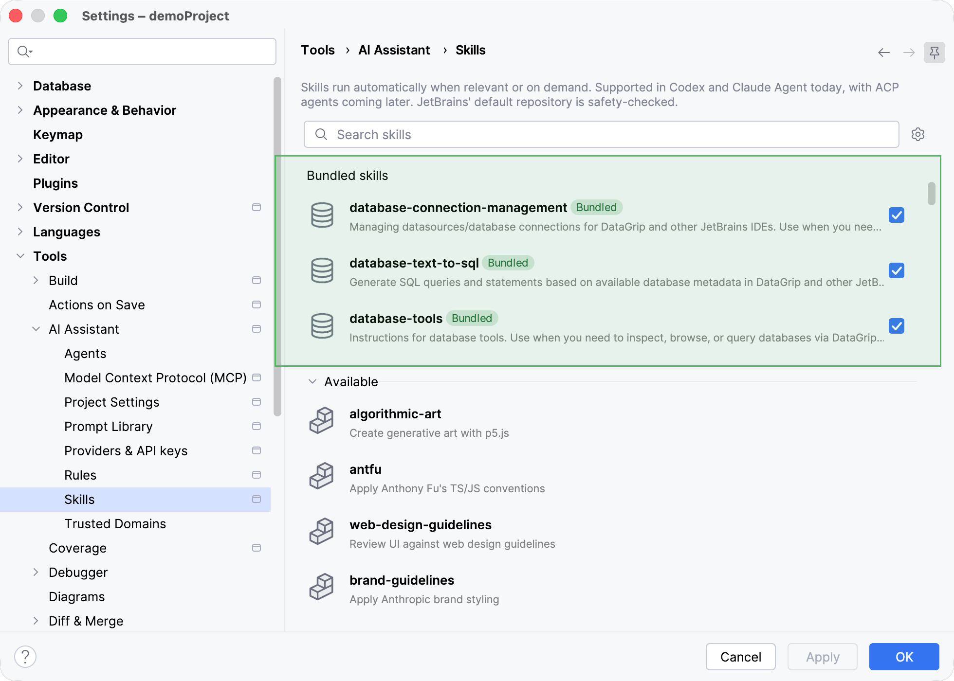 The database-related AI agent skills in IDE settings