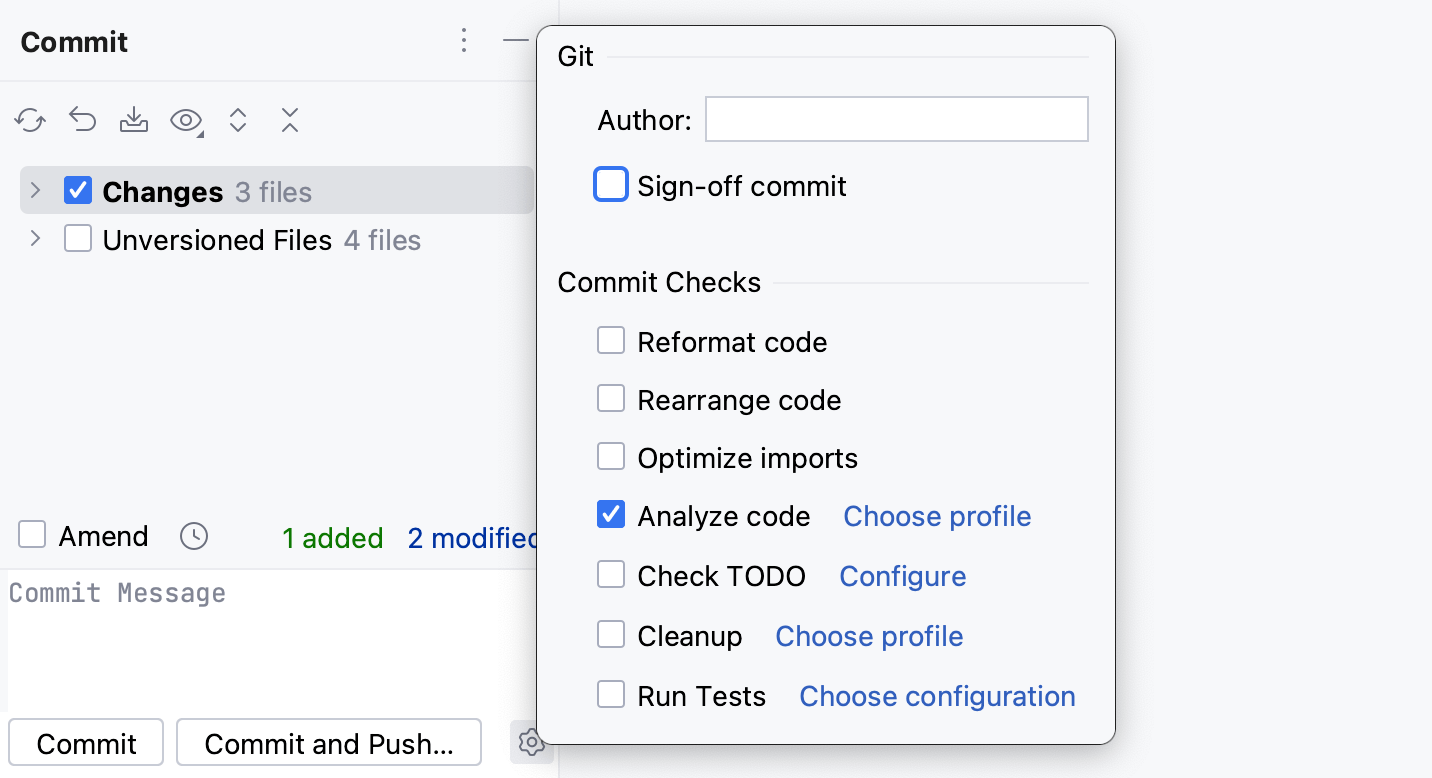 Run inspections before commit: Commit tool window Run inspections before commit: Commit tool window