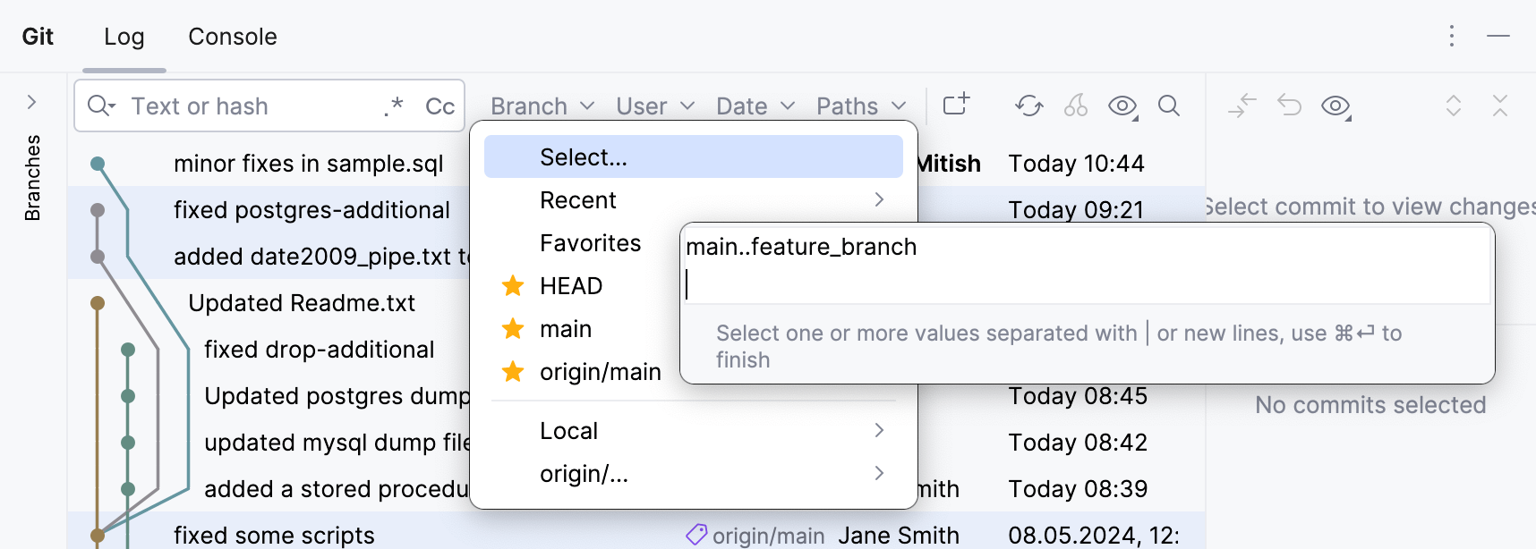 Context menu for Branch filter in Commits pane Context menu for Branch filter in Commits pane