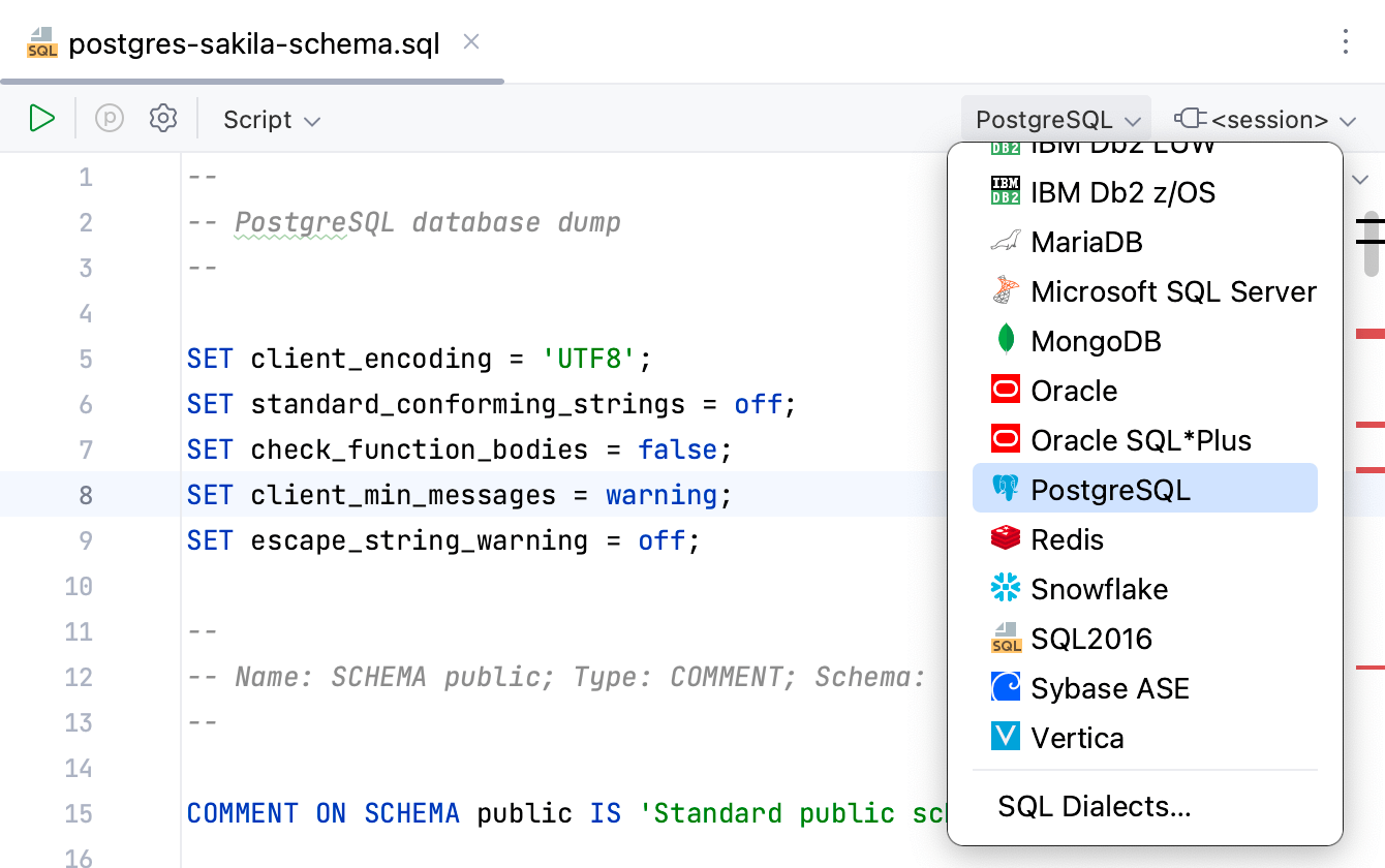 Specify an SQL dialect Specify an SQL dialect