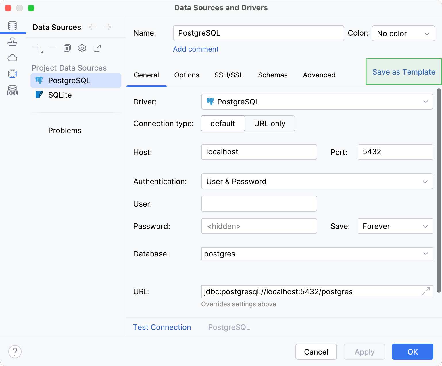 The Save as template button in the Data Sources and Drivers dialog The Save as template button in the Data Sources and Drivers dialog
