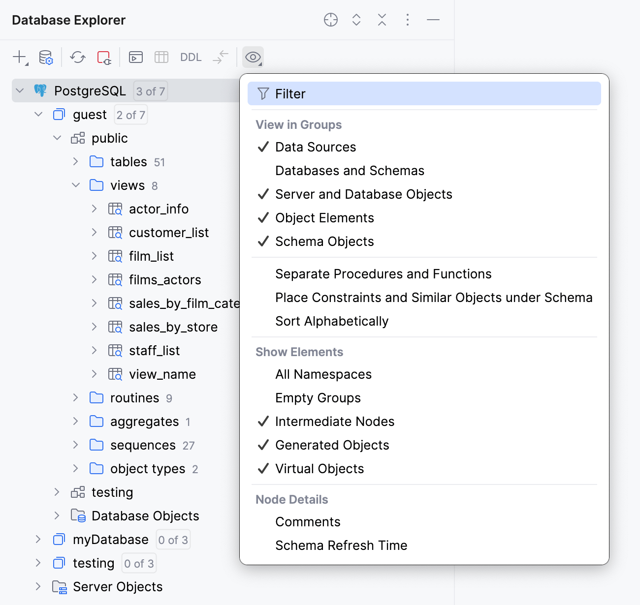 在 Database Explorer 中查看选项菜单项 在 Database Explorer 中查看选项菜单项