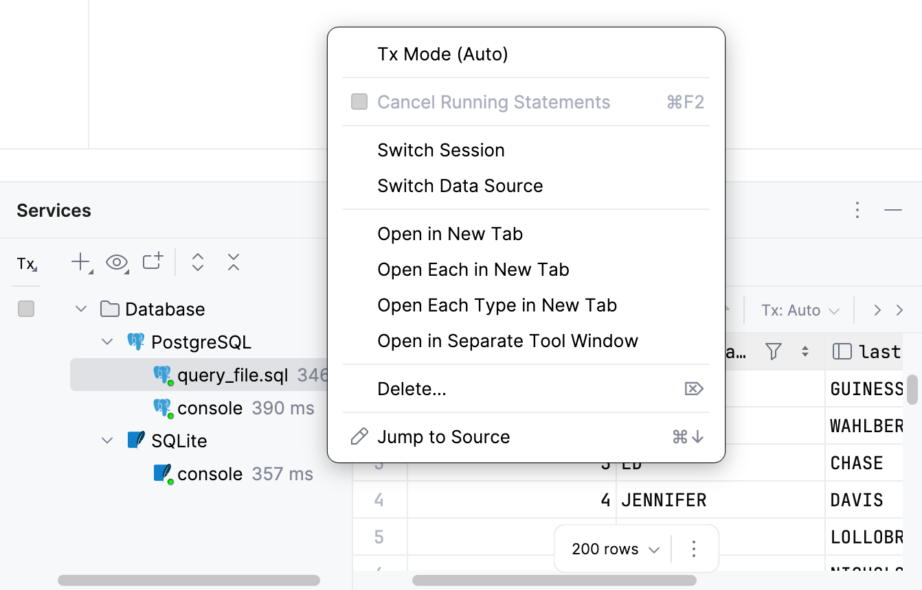 Database sessions context menu