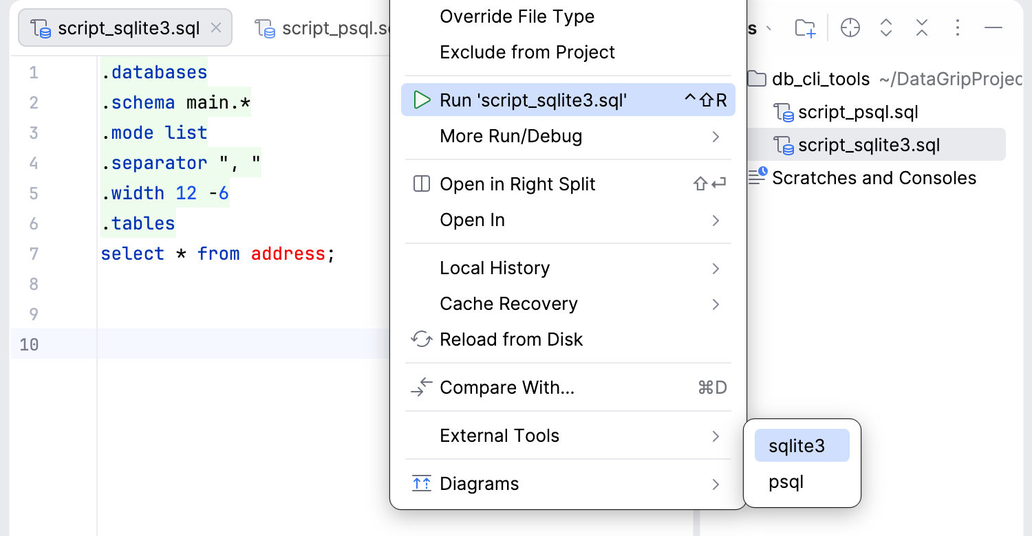 Run sqlite3 from the context menu Run sqlite3 from the context menu
