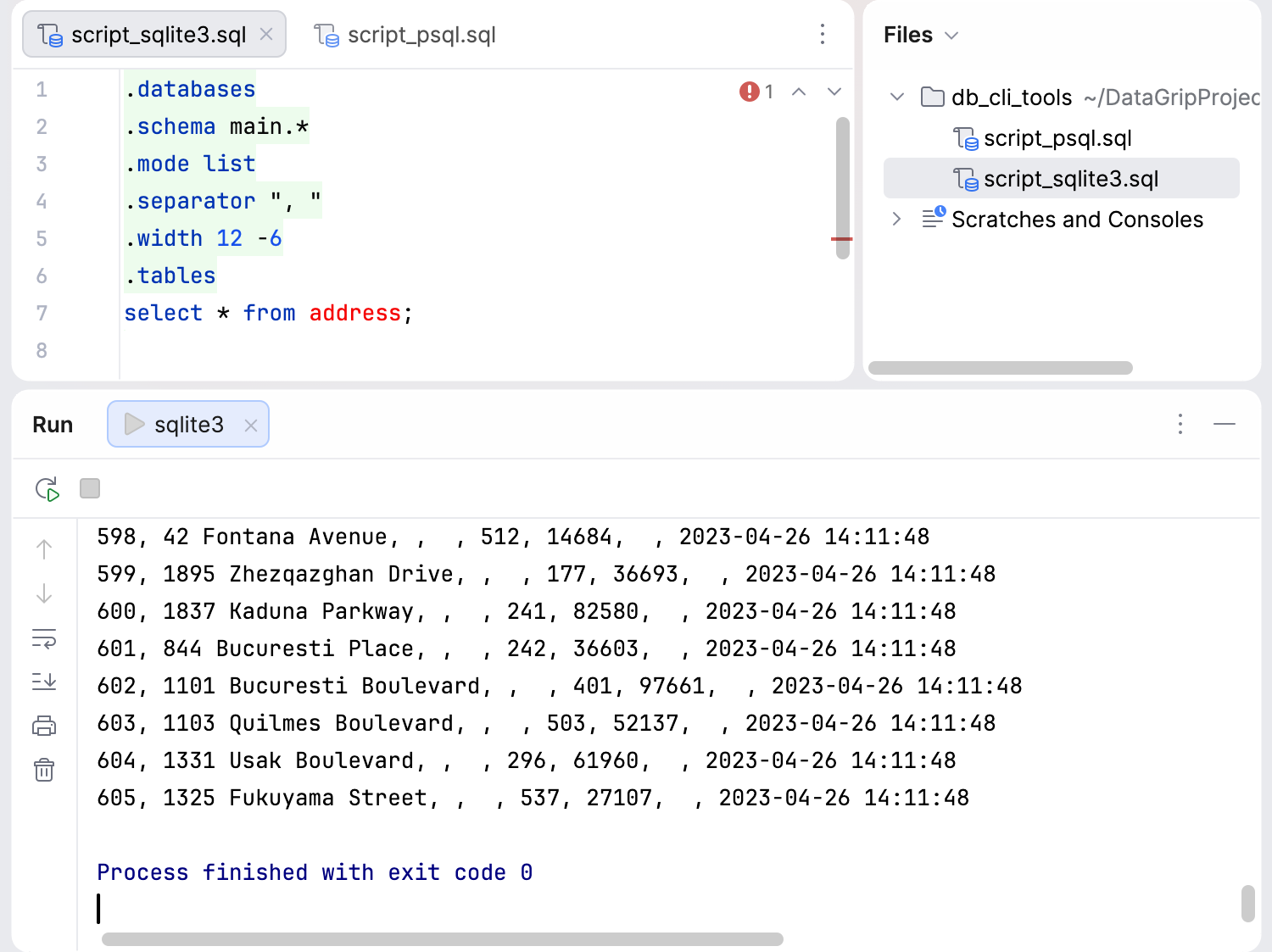 sqlite3 output in the IDE sqlite3 output in the IDE