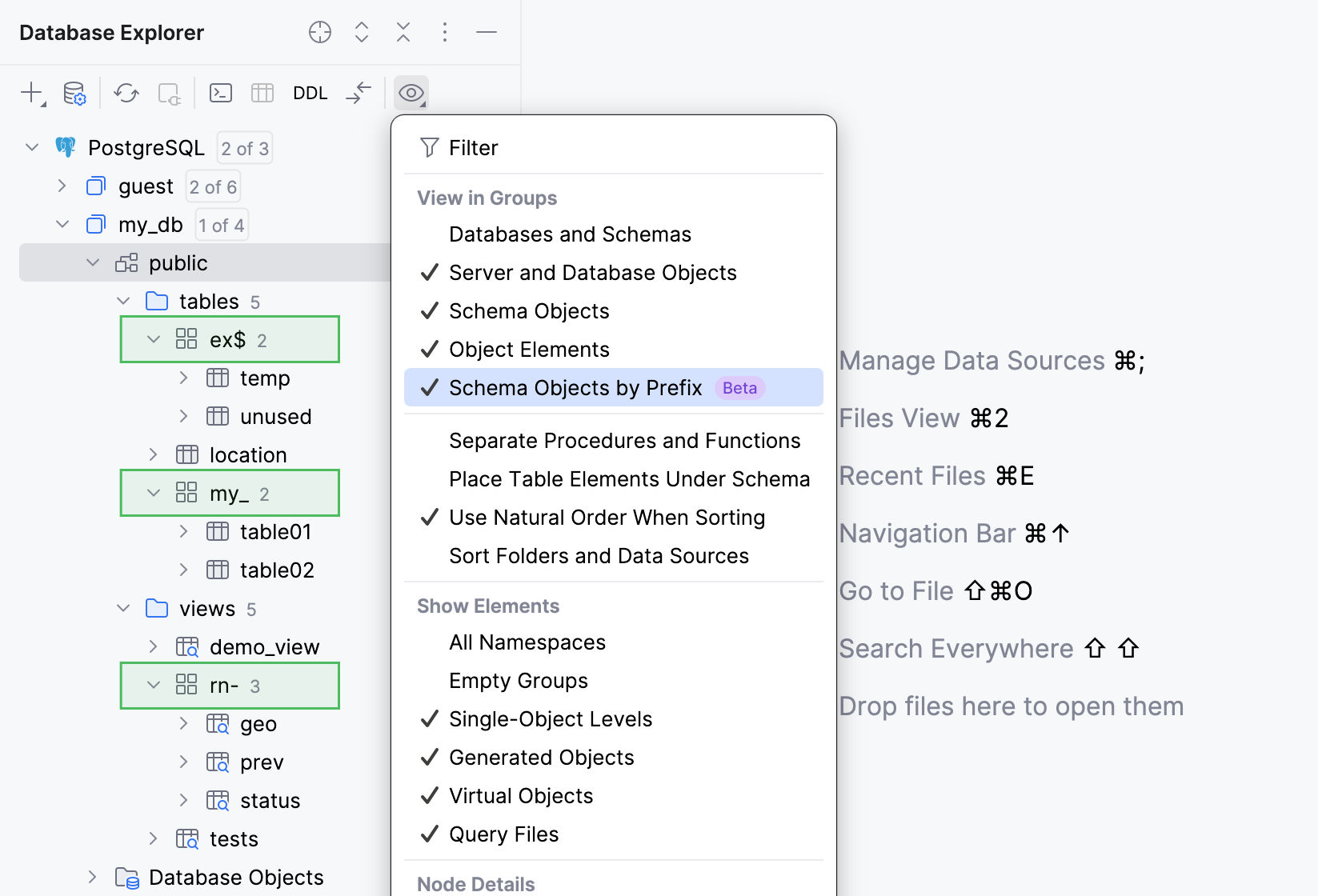Schema objects grouped by prefix in Database Explorer Schema objects grouped by prefix in Database Explorer