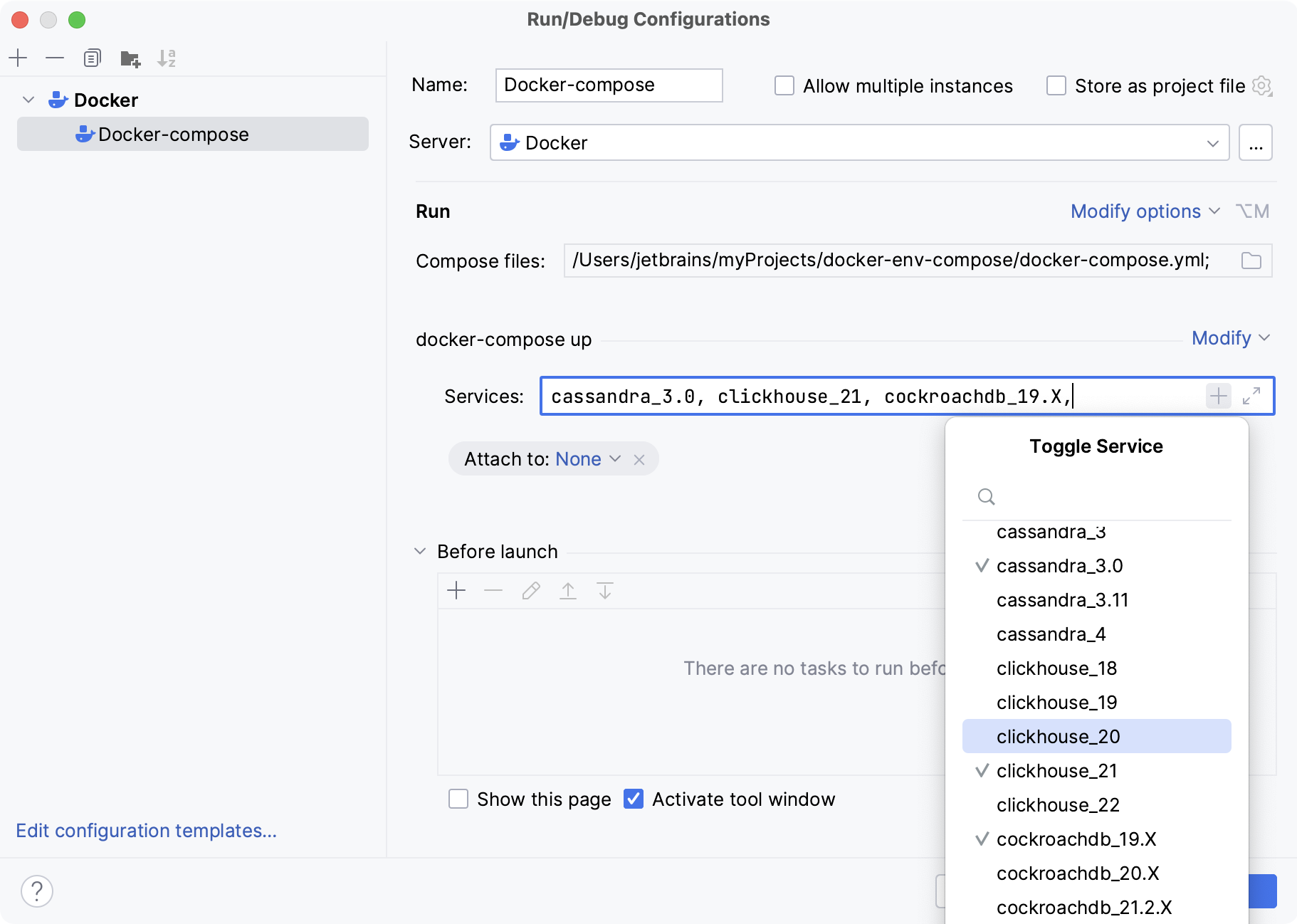 Docker Compose 运行配置对话框
