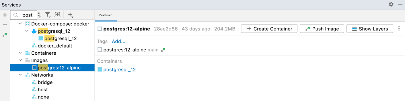 Docker 工具窗口、文本搜索