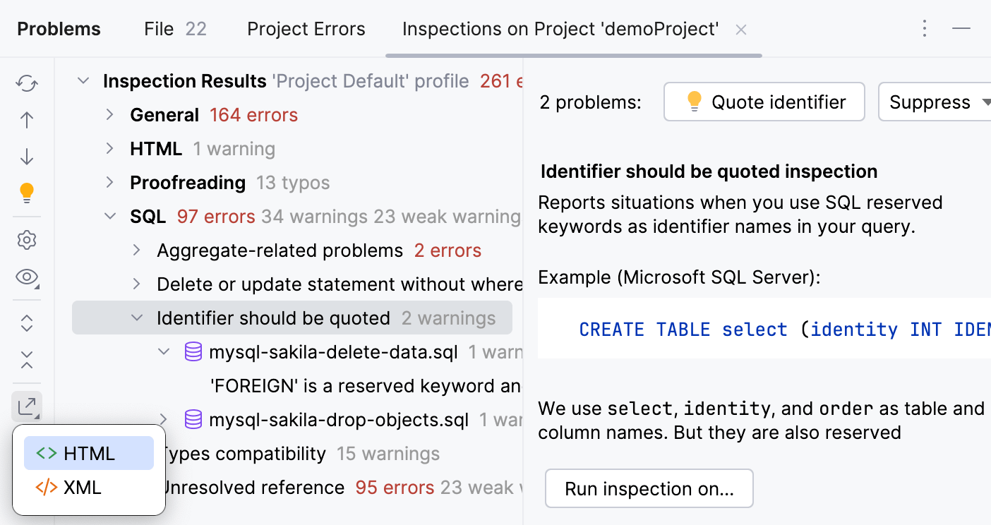 The Export button in the Inspection Results tool window The Export button in the Inspection Results tool window