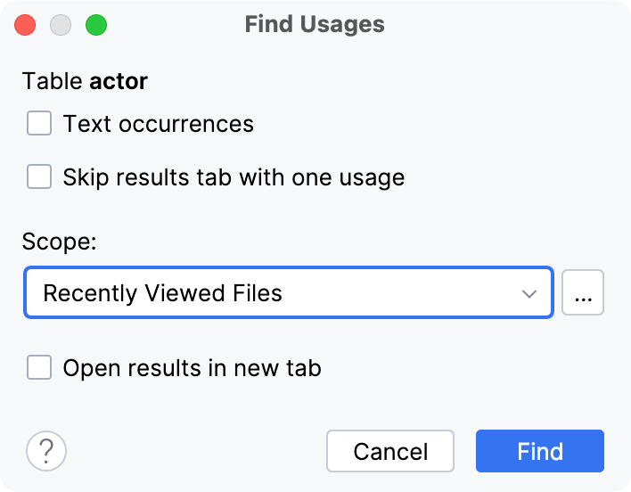 Find Usages dialog Find Usages dialog