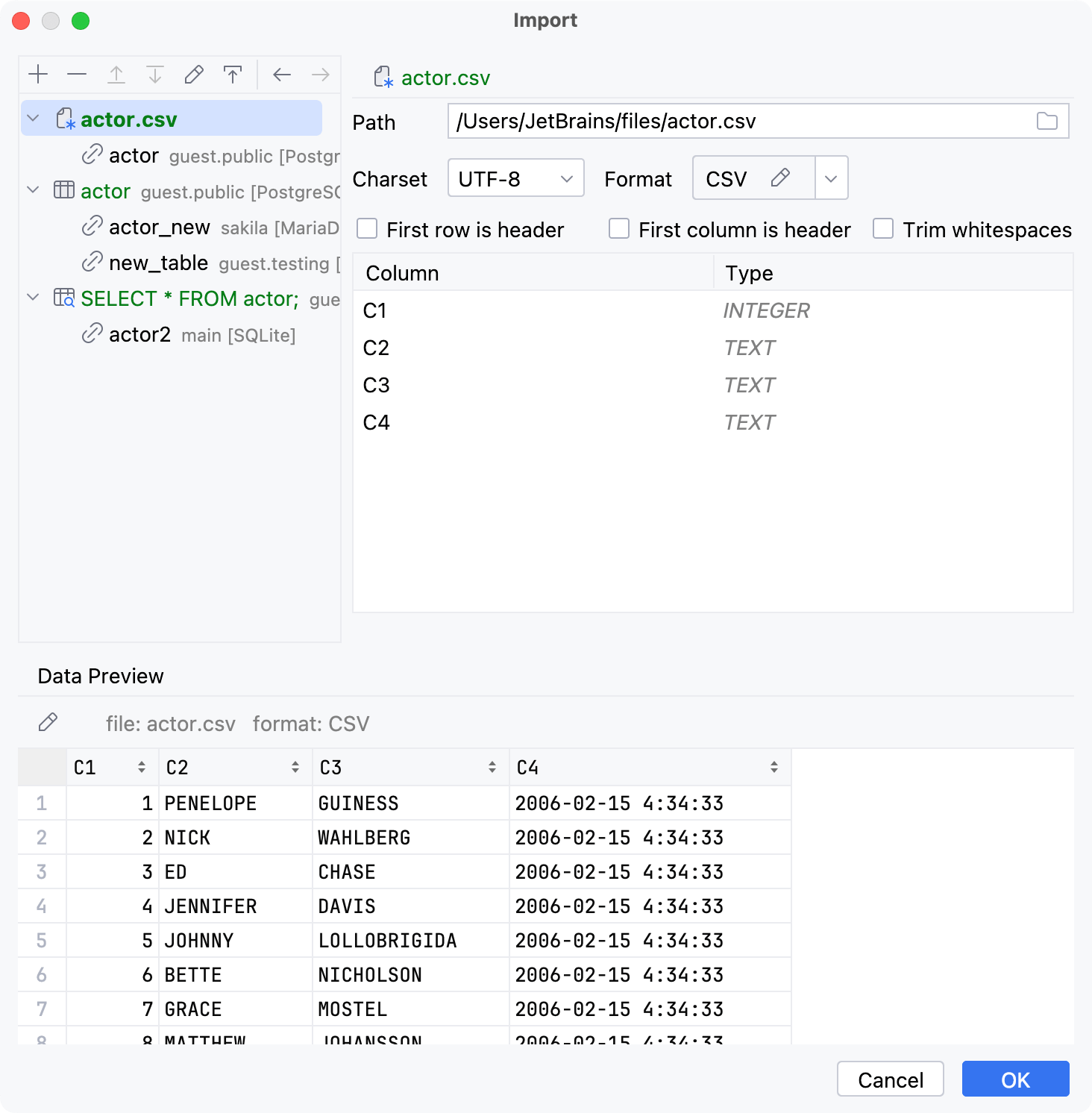 导入对话框:CSV 源设置 导入对话框:CSV 源设置