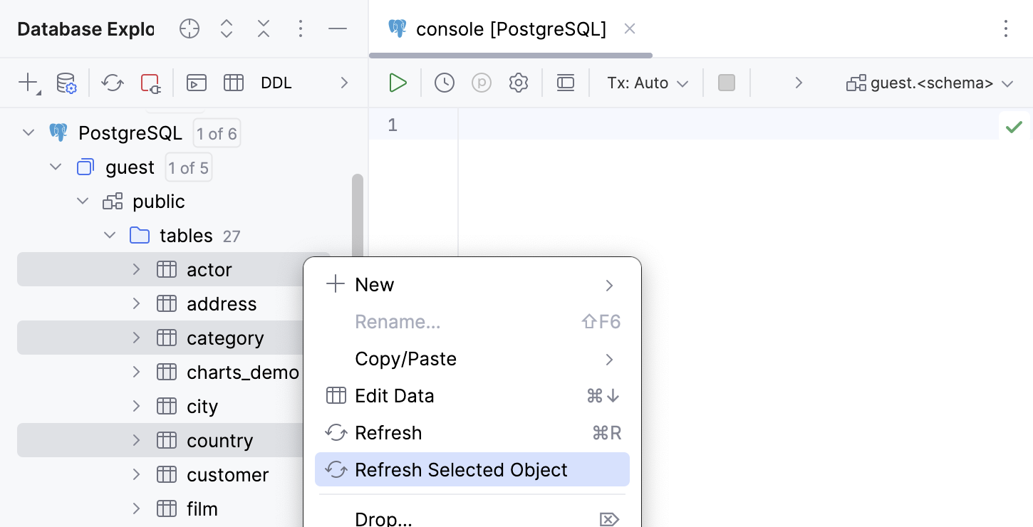 在 Database Explorer 中选择的数据库对象将在您调用“刷新”操作时刷新。