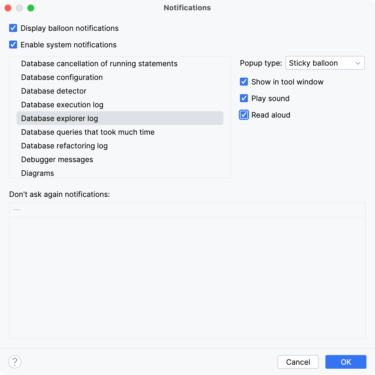 Notifications settings in DataGrip with Play sound and Read aloud checkboxes enabled for a selected notification type Notifications settings in DataGrip with Play sound and Read aloud checkboxes enabled for a selected notification type