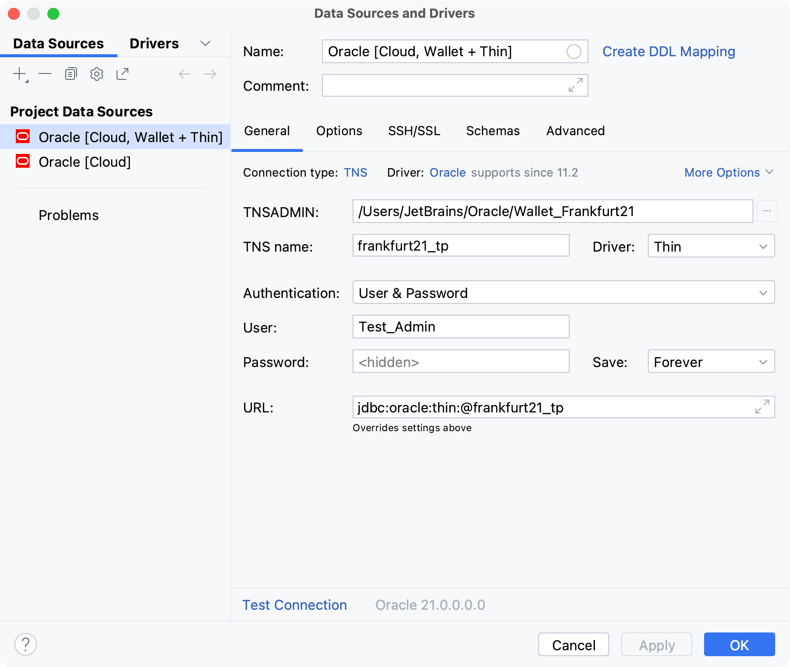 用于通过 Wallet 和 Thin 驱动程序连接到 Oracle Cloud 的数据源 用于通过 Wallet 和 Thin 驱动程序连接到 Oracle Cloud 的数据源