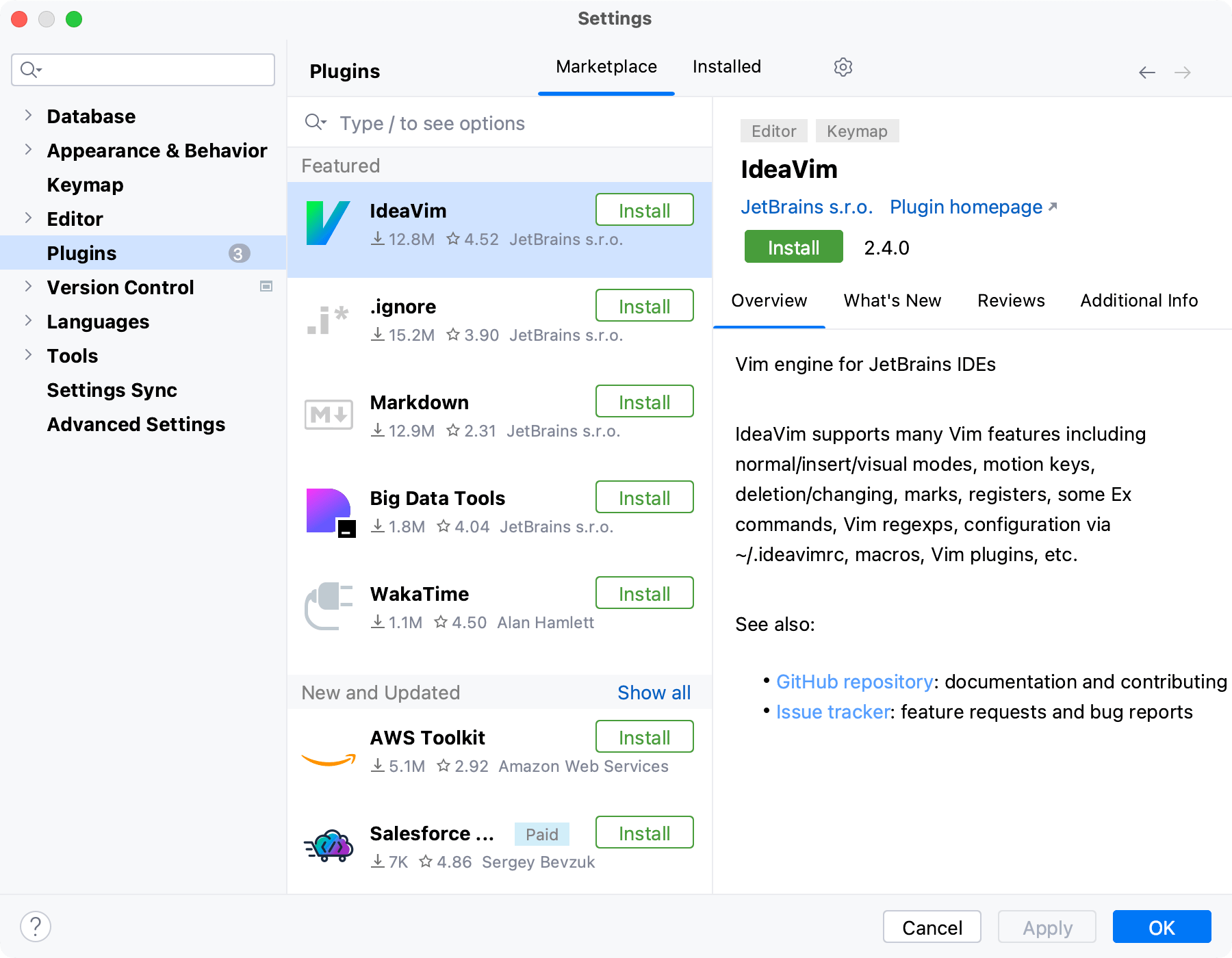 插件设置,Marketplace 标签页显示精选插件;已选中 IdeaVim 插件,显示其概览和安装按钮。 插件设置,Marketplace 标签页显示精选插件;已选中 IdeaVim 插件,显示其概览和安装按钮。