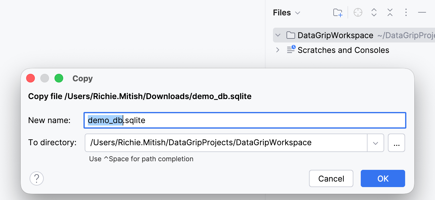 将数据库文件粘贴到文件工具窗口 将数据库文件粘贴到文件工具窗口