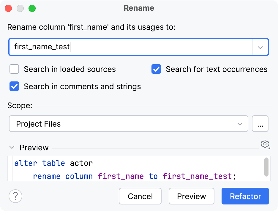 Rename dialog for a column Rename dialog for a column