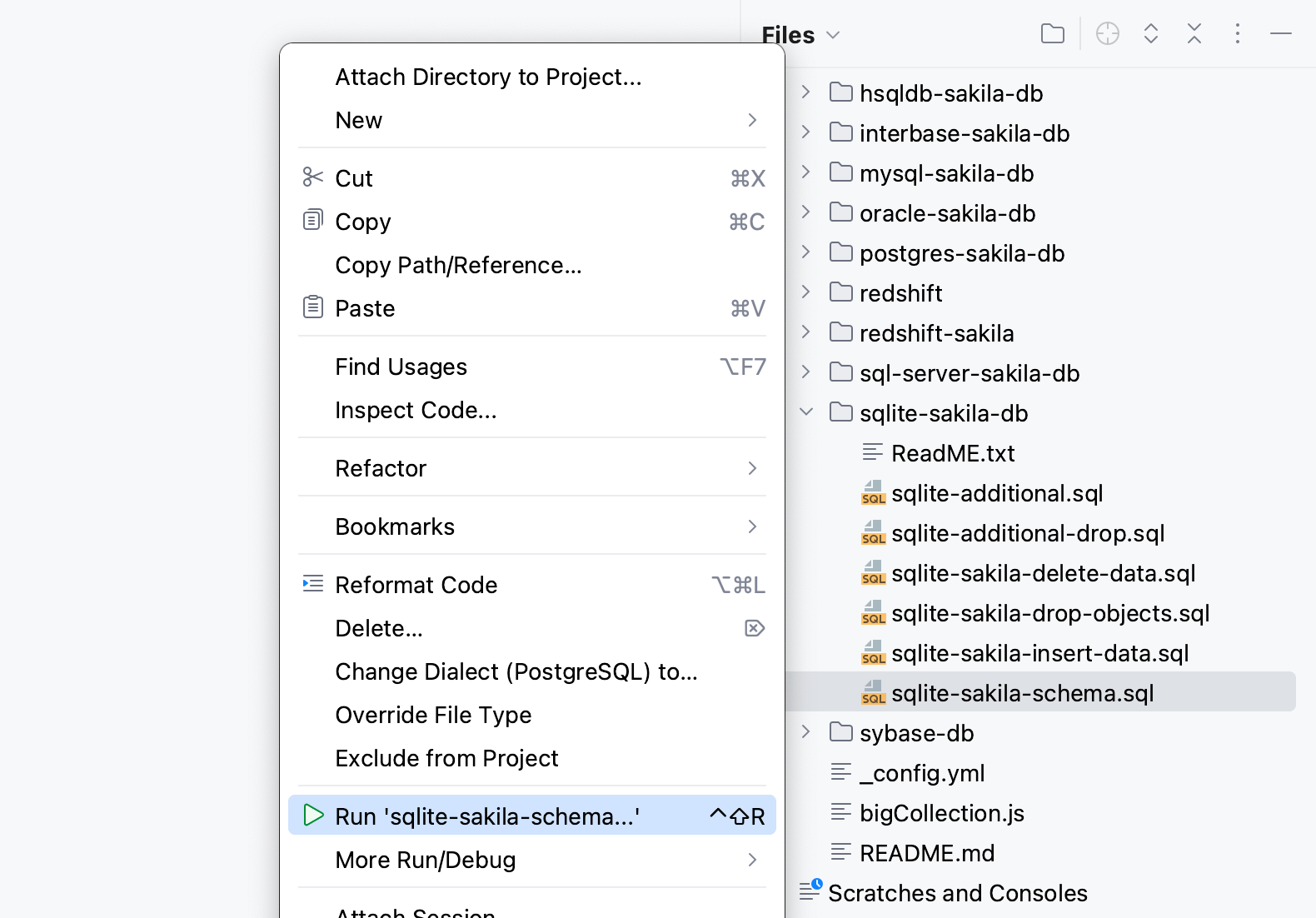 Run SQL files from the Files tool window Run SQL files from the Files tool window