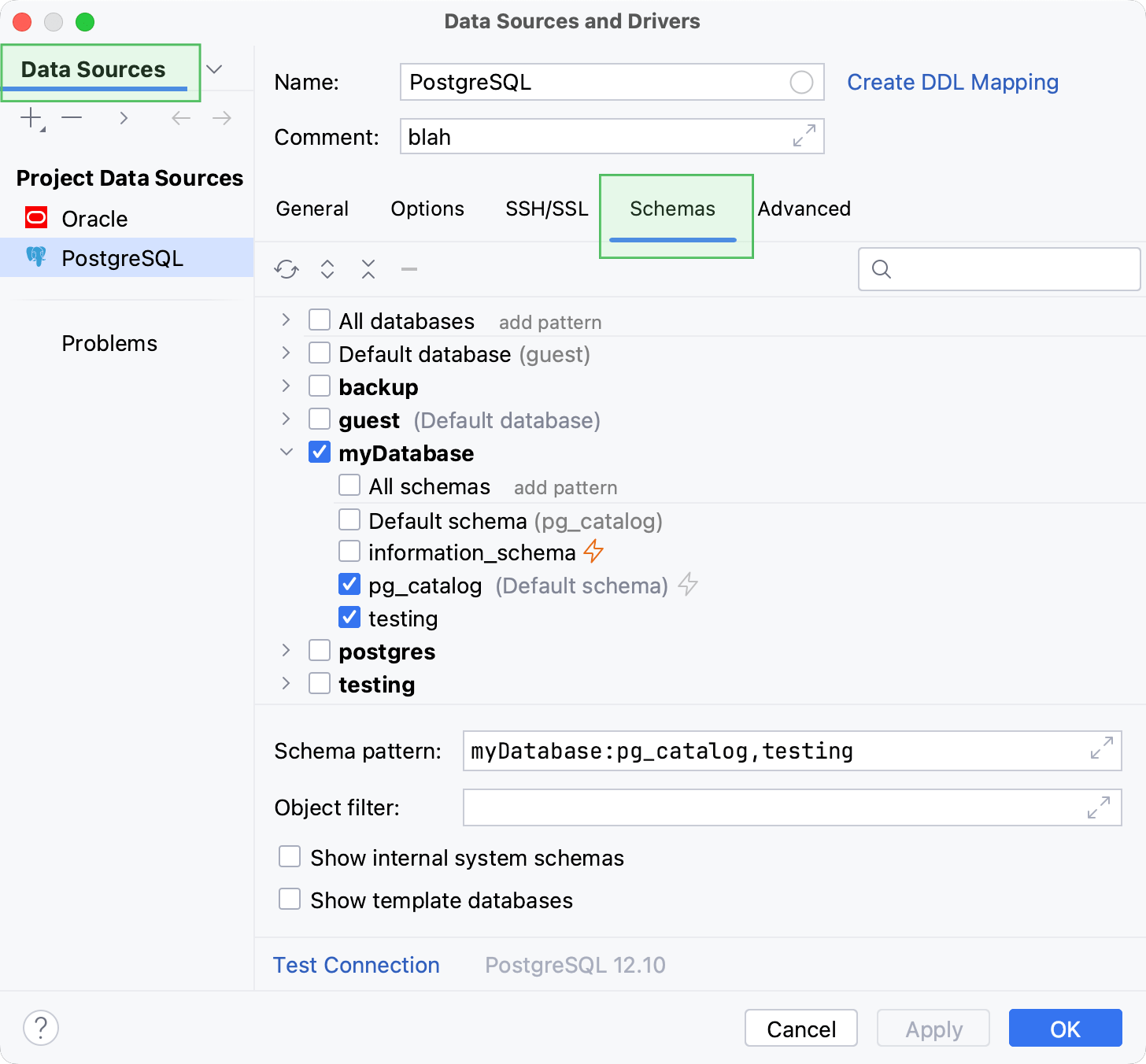 Select schemas or databases in data source properties Select schemas or databases in data source properties