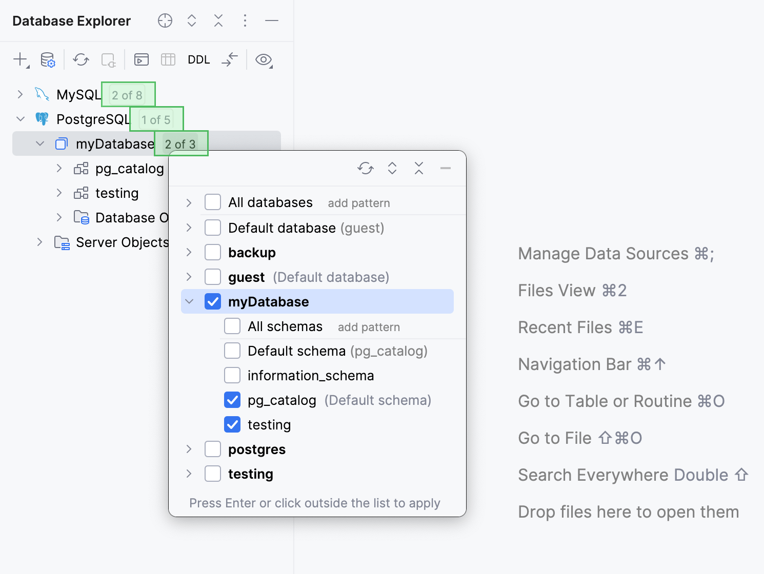 Select schemas or databases in Database Explorer Select schemas or databases in Database Explorer