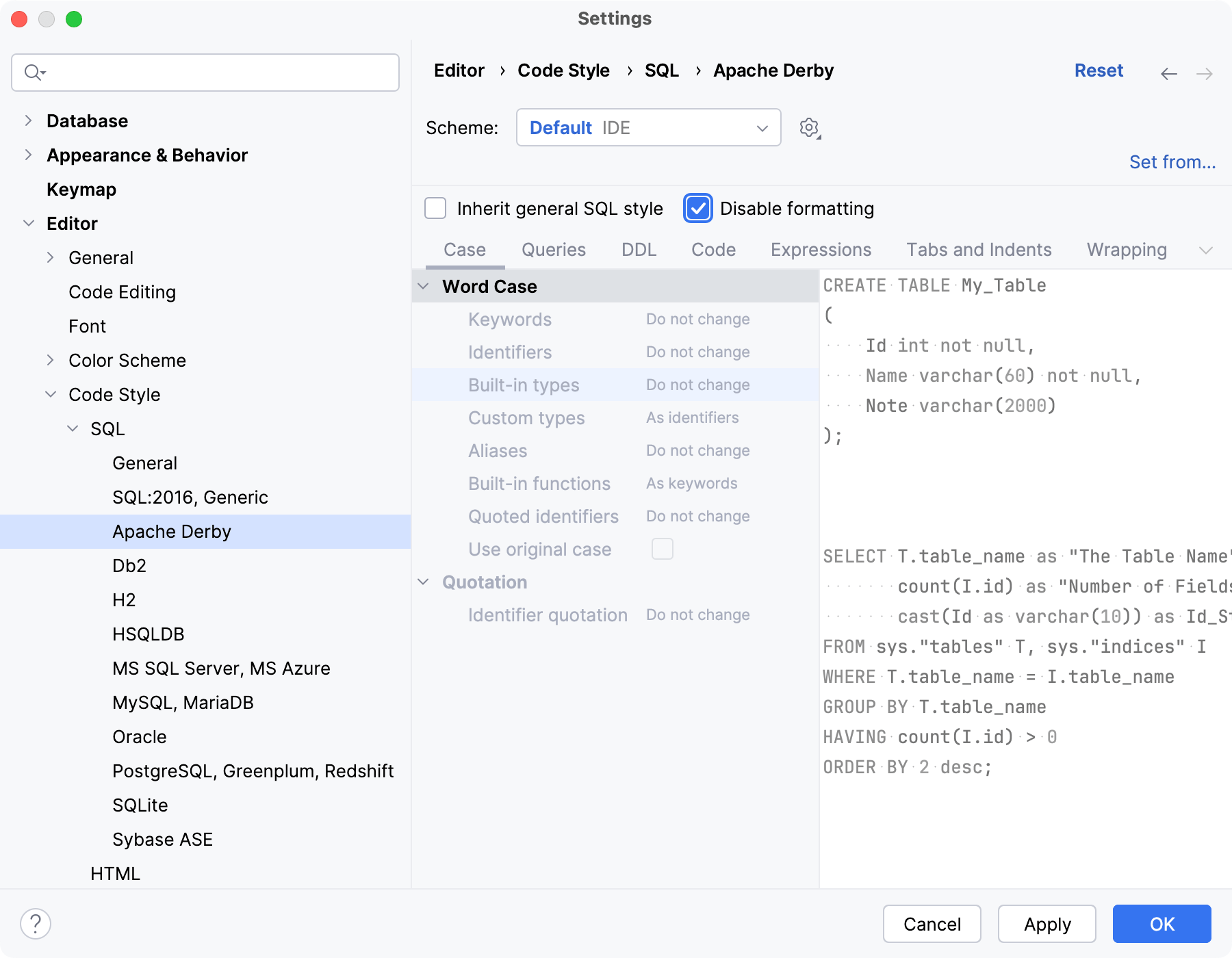 在 IDE 设置中禁用 SQL 代码重新格式化 在 IDE 设置中禁用 SQL 代码重新格式化