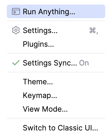 IDE and Project settings menu IDE and Project settings menu