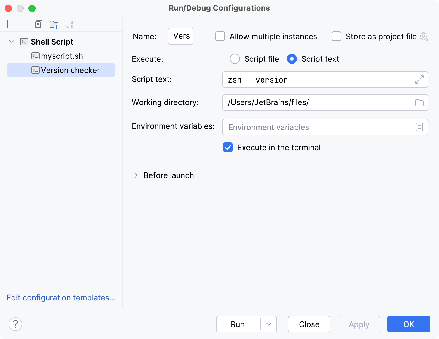 Shell Script run/debug configuration for a command Shell Script run/debug configuration for a command