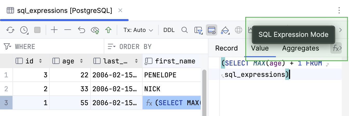 值编辑器中的 SQL 表达式模式 值编辑器中的 SQL 表达式模式