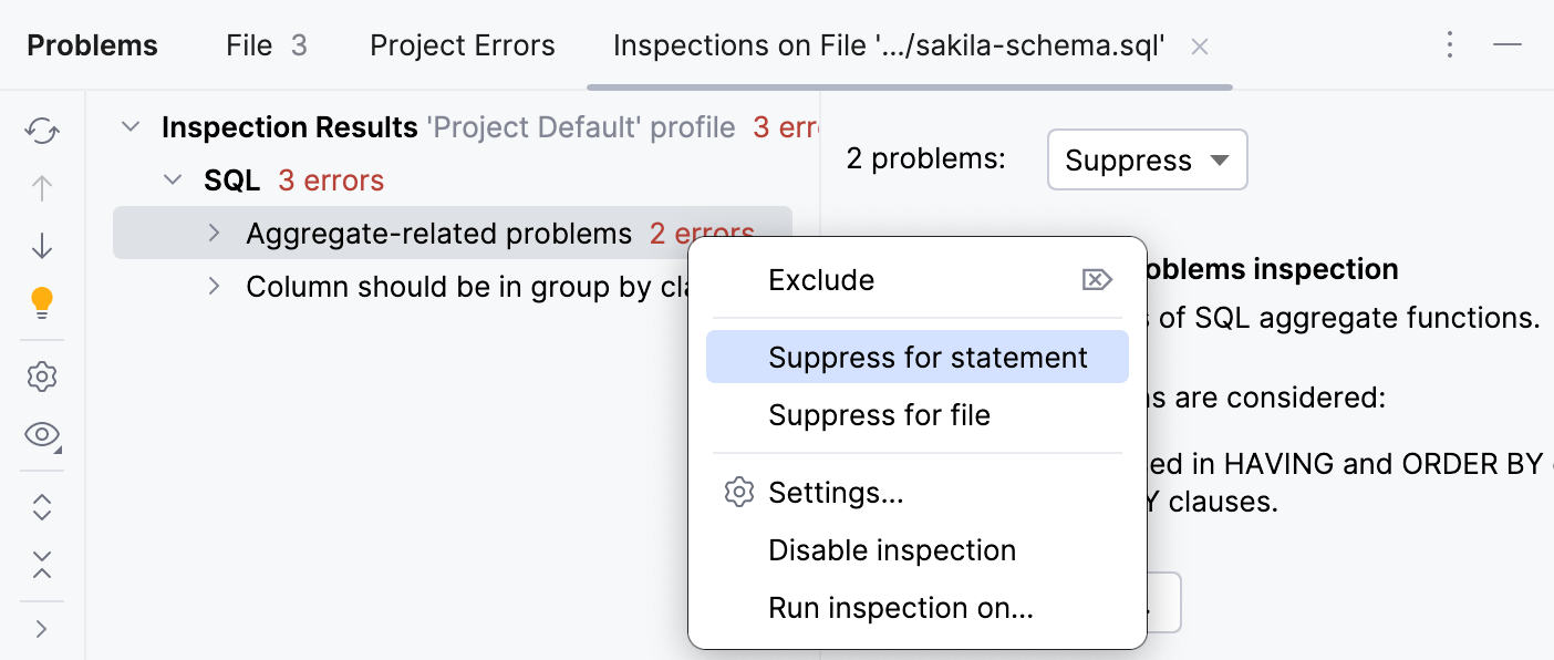 Suppressing inspection in the Inspection Results tool window Suppressing inspection in the Inspection Results tool window