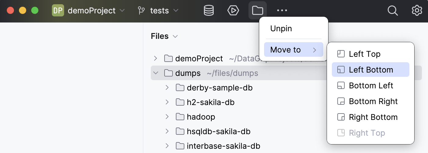 Tool window toolbar icon context menu: Move to Tool window toolbar icon context menu: Move to