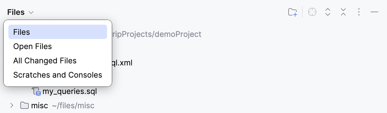 DataGrip: choosing a view in the Files tool window DataGrip: choosing a view in the Files tool window
