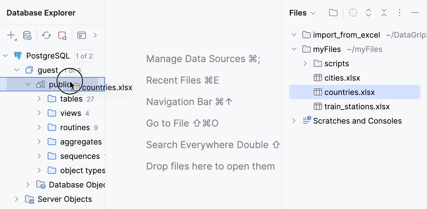 Drag the Excel file from Files tool window to Database Explorer Drag the Excel file from Files tool window to Database Explorer